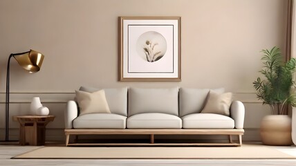 Fototapeta premium Frame mockup with 3D representation of interior of a modern, classic living room