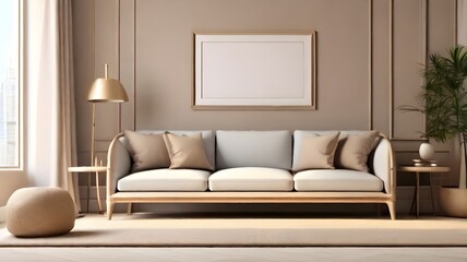 Frame mockup with 3D representation of interior of a modern, classic living room