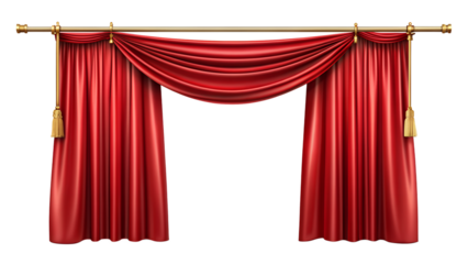 luxurious red curtains hanging from a gold curtain pole. The curtains are pulled back and held in place by gold braceleted cords, revealing the open space behind them
