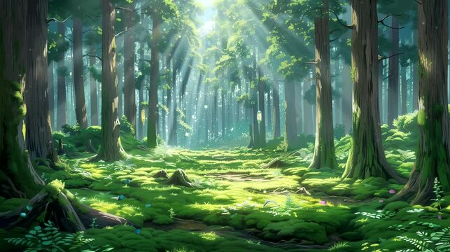 Japanese Cedar trees forest with sunlight filtering through forest. Anime or digital painting style, looping 4k video animation background