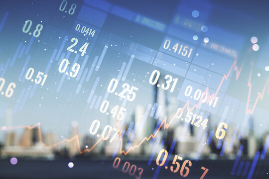 Multi exposure of virtual abstract financial graph interface on blurry skyscrapers background, financial and trading concept