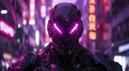 Futuristic Cyborg Stands in Neon City at Night
