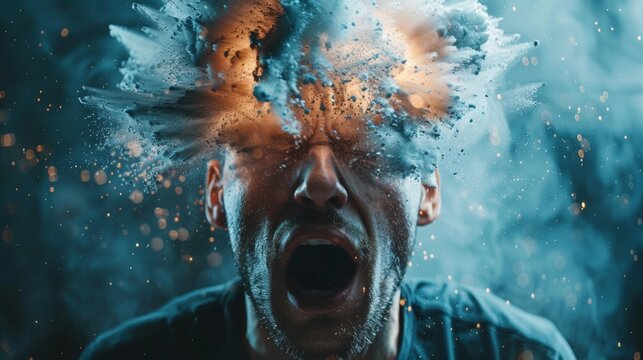 A man with his head exploding out of a cloud, AI
