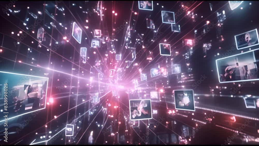 Poster videos, avatars, profiles flow in the online information space on a vfx animated background with vir