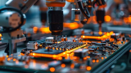 A close-up of robotic arms precisely assembling small electronic components on a high-tech assembly line in a modern factory.