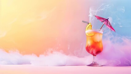 animated illustration of cool orange citrus drink in glass with straw, umbrella, and ice cubes, surrounded by oranges, athmosphere summer time video banner copyspace, white background - Powered by Adobe