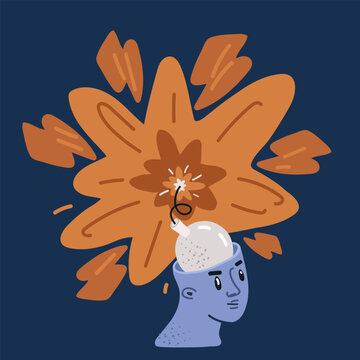 Cartoon vector illustration of Mind blown emoji. Exploding head emoticon, shocked sad yellow face with brain explosion mushroom cloud 3D stylized vector icon over dark background