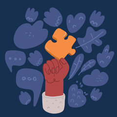 Cartoon vector illustration of Hand of man holding puzzle piece over over dark background