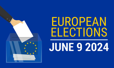 European elections June 9, 2024. European elections banner with glass ballot box and a hand holding ballot on blue background in cartoon style