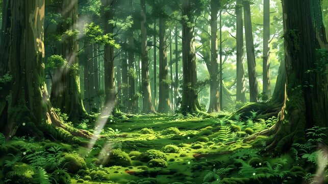 Japanese Cedar trees forest with sunlight filtering through forest. Anime or digital painting style, looping 4k video animation background