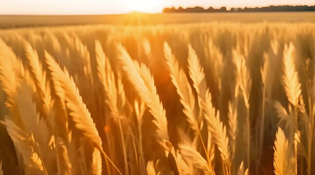 A golden field of cereal in Charente Maritime, France, with tall, swaying stalks under a bright blue sky. The sun casts a warm glow, and a gentle breeze creates ripples.
