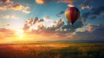 Obraz premium Hot Air Balloon over Sunset Field