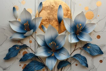 three panel wall art, white marble background with blue lotus flowers designs