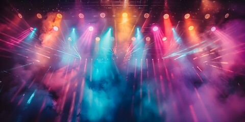 Colorful stage lights illuminate a smoky concert theater scene with dark ambiance. Concept Concert Photography, Stage Lighting, Atmospheric Scenes, Live Music Performance, Creative Lighting Effects