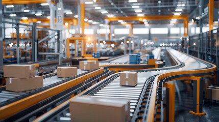 A wide-angle view of an automated production line with conveyor belts transporting products through various stages of assembly and inspection.
