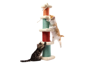 Feline Fun: Dynamic Duos Dance With Cat Tree on a White or Clear Surface PNG Transparent Background..