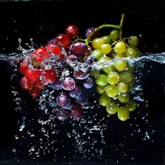 Luscious Grapes Falling into a Black Water Tank: A Colorful Contrast of Freshness