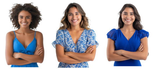 An attractive young woman standing over an isolated white background smiling with crossed arms looking at the camera. She wears a blue dress and is wearing crossed arms. It is a positive image of a