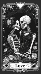 Love until death do us part valentine tarot card style poster with romantic embracing lovers skeleton and roses