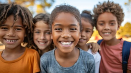 A group of children standing together smiling for the camera, AI