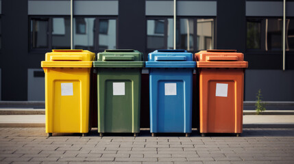 Street containers for sorting waste. Garbage cans of different colors in the open air. Modern urban environment with waste separation to save the environment and planet