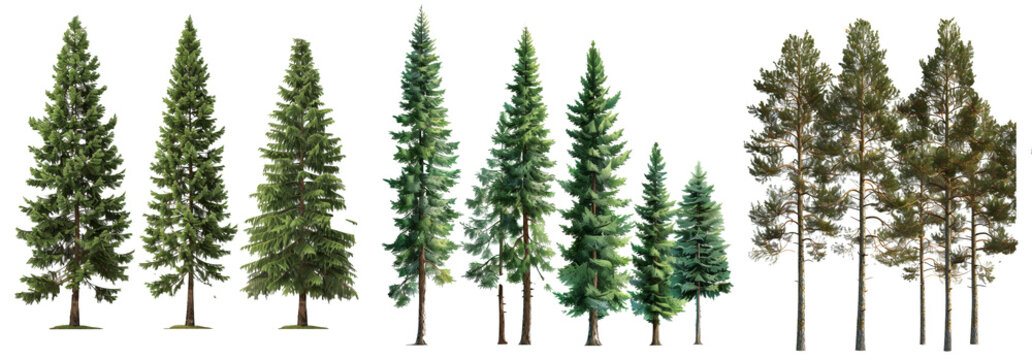 On a white background, tall pine trees are isolated.