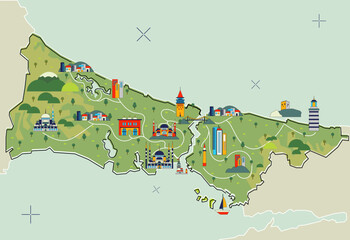 infographic Istanbul flat map design city that is located on the continents of Europe and Asia and is separated by the Bosphorus Strait