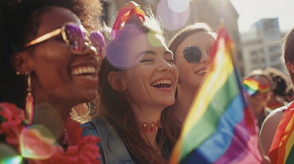 Friends are laughing and waving rainbow flags