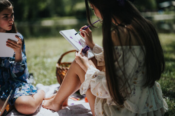 Two young sisters sit in a sunny park, deeply engaged in painting on tablets during a relaxed...