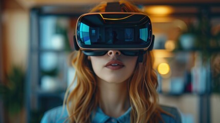 Young Woman Experiencing Virtual Reality in Modern Setting