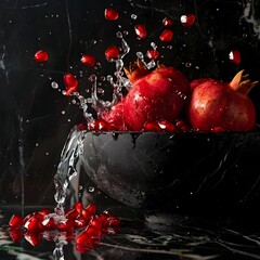 Autumn Harvest Delight - Succulent Pomegranates Splashing into a Luxurious Marble Cistern