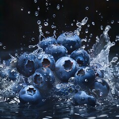 Blueberries Splashing into Dark Water Tank: A Captivating Contrast of Fresh Produce and Serene Depths