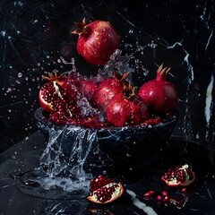 Succulent Pomegranates Splashing into a Luxurious Marble Cistern