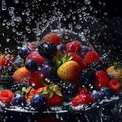 Vibrant Berries' Splash Generates Multicolored Contrast in a Black Water Tank