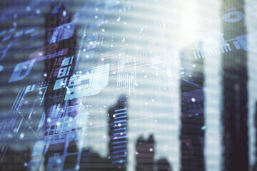 Abstract virtual coding illustration on modern architecture background, software development concept. Multiexposure