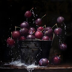 Luxurious Plum Harvest - Misty Droplets Falling into Ebony Bucket
