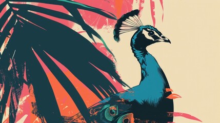 Vibrant Peacock Illustration on Abstract Tropical Background