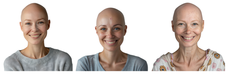 Isolated portrait of smiling bald woman suffering from cancer