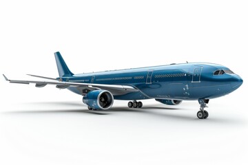 Naklejka premium Full view of blue airplane isolated on white background. Commercial jet aircraft with clear sky concept.