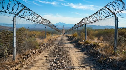 Obraz premium Razor wire fence running the length of a state border, harsh and imposing, reflecting strict immigration control
