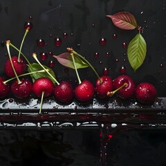 Juicy Garnet Cherries Forming Enticing Splash Patterns in Ebony Trough