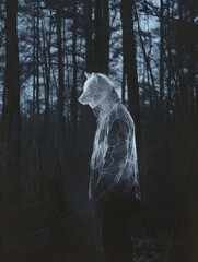 Harmonious Coexistence: Ethereal Figure Roams Twilight Forests in Documentary Style