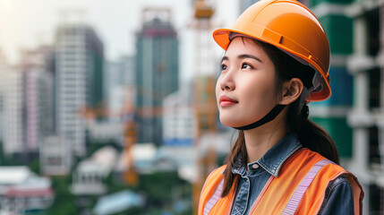 Portrait of a young construction worker woman with safety helmet letting see city buildings under construction on white background with copy space 