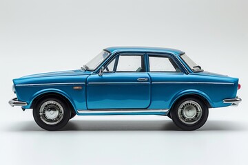 Fototapeta premium Full view of blue retro car toy model isolated on white background. Vintage-inspired miniature vehicle for collectors and enthusiasts.
