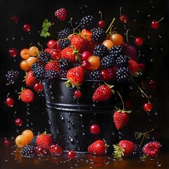 Ripe Berries Meeting Dewdrop Pearls in a Sleek Resin Bucket: A Fusion of Freshness and Flavor