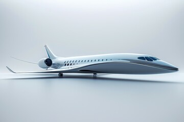 Fototapeta premium Sleek commercial airliner with white fuselage and vibrant blue accents, photorealistic rendering with cinematic lighting and detailed engineering, isolated on white background.
