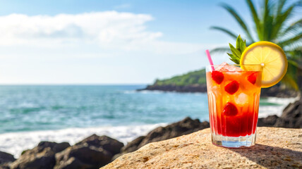 Refreshing fruit cocktail on a rocky seaside setting, garnished with a lemon wedge, with palm leaves and sea view with copy space