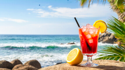 Refreshing fruit cocktail on a rocky seaside setting, garnished with a lemon wedge, with palm leaves and sea view with copy space