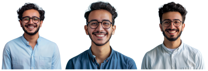 An arab male student, employee, or programmer smiling confidently on a blue background. He wears a shirt and glasses, and is thinking about generative AI.
