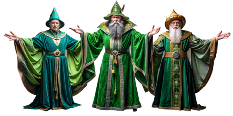 three wizards stood side by side, each wearing elaborate robes reminiscent of wizard or medieval attire
